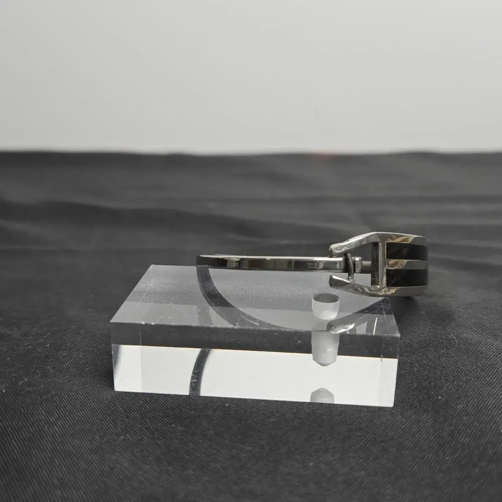 Vintage Taxco Mexico Black Onyx Inlay Hinged Bracelet Silver Tone - Picture 5 of 8